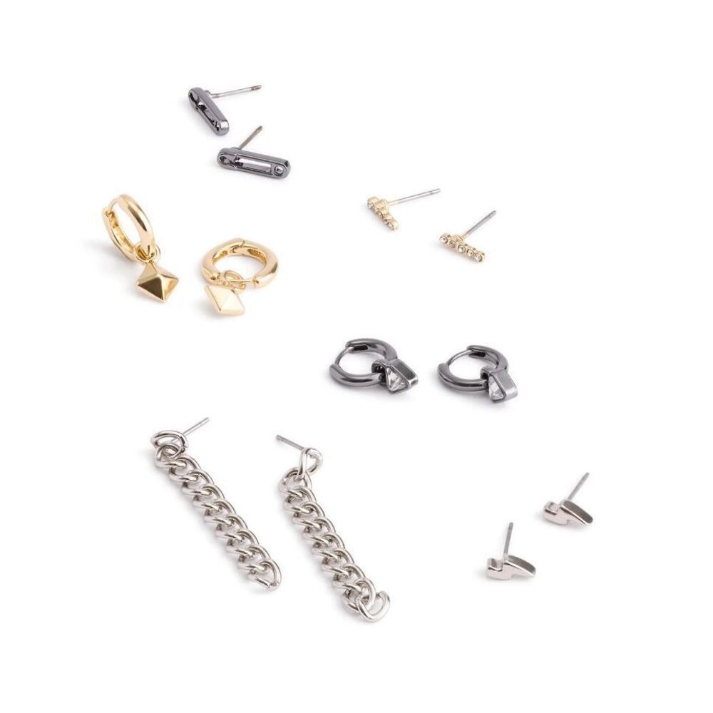 Madden NYC Women’s Tri-Tone Stud & Charm Huggie Earring Set, 6-Piece Mixed